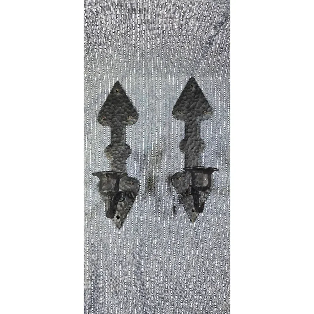 Vintage Hammered Metal Candlestick Holders Black Spade Sconces Robert Emig 1377
